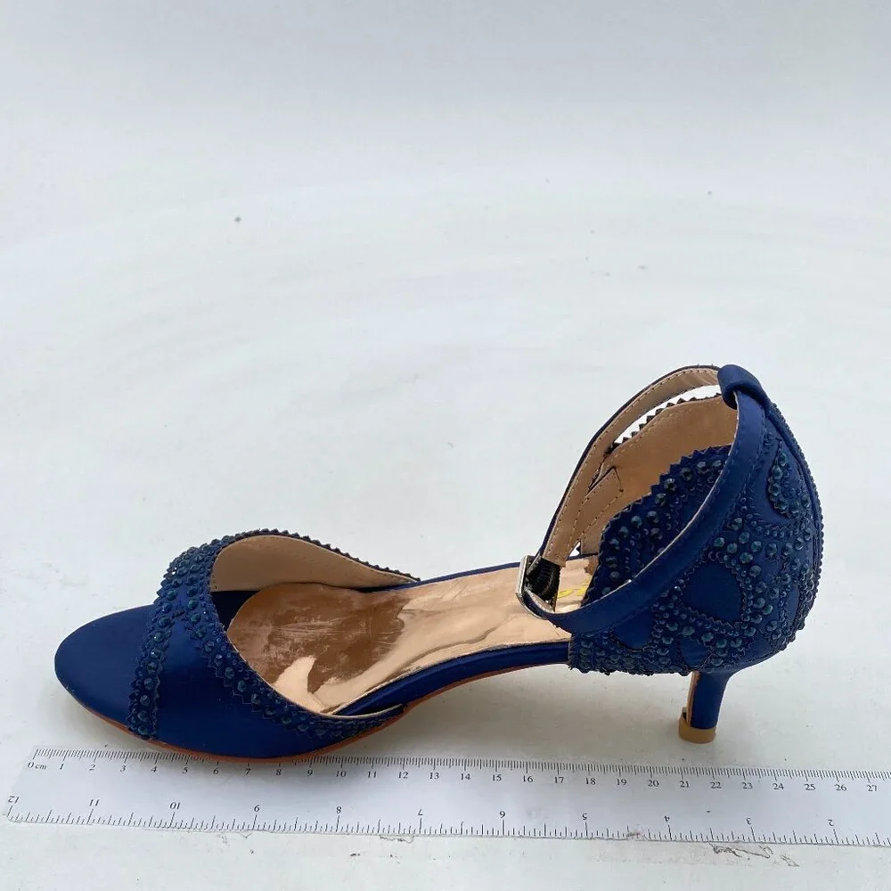 XYD Navy Peep Toe D'Orsay Embellished Kitten Heels With Ankle Strap